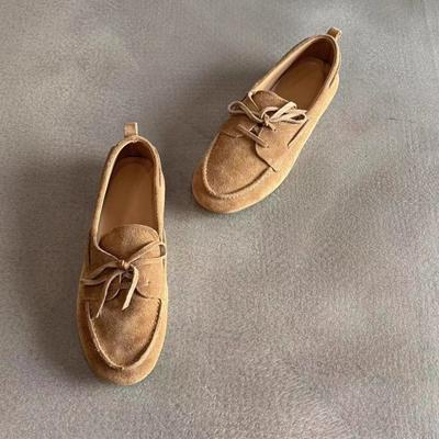 Sheepskin Version~ Genuine Leather Flat-bottomed Retro Lace-up Single Shoes Women's 2025 New One-pedal Lazy Loafers Small Leather Shoes