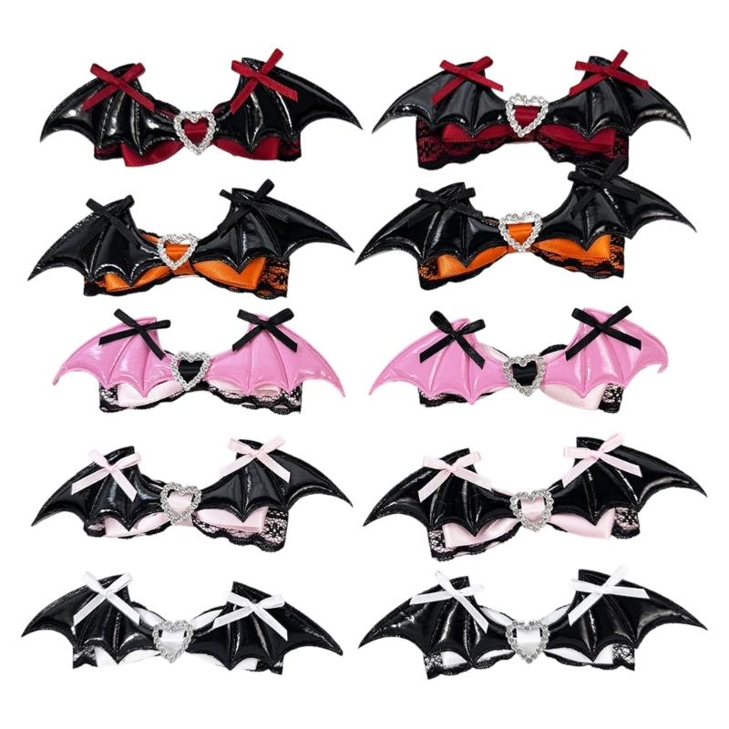 Dark Holiday Hair Barrettes, 1 Pair Halloween Winged Ribbon Design With Heart Detail and Lace Trim for Party Looks