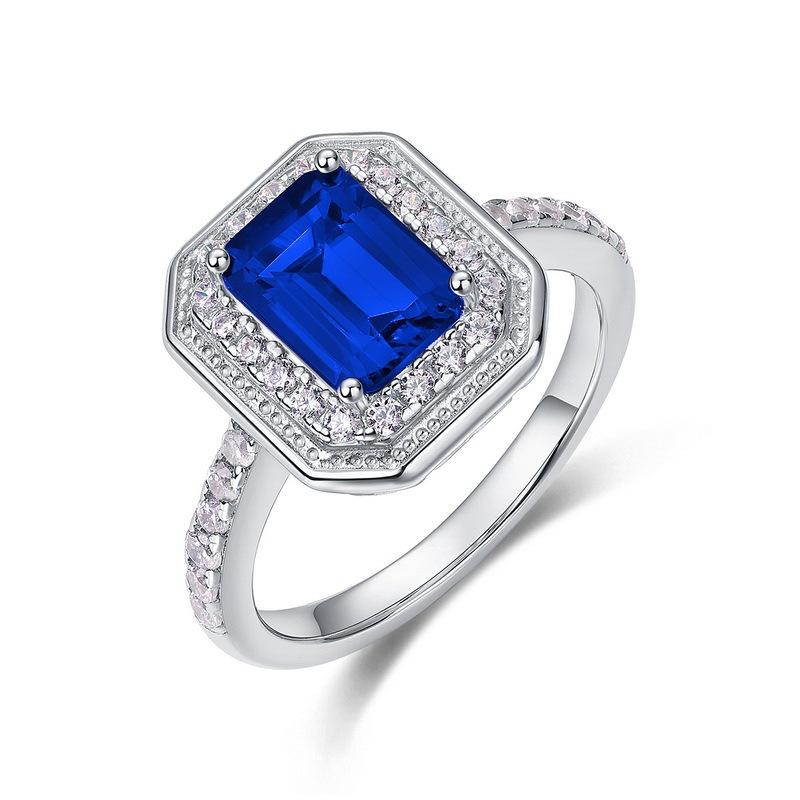 Zhou Hengfu S925 Sterling Silver Cultured Sapphire & Paved Diamond Ring - Women's Light Luxury Style with Colored Gemstones.