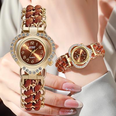 Luxury Rhinestone Women Watches Fashion Heart Dial Woven Strap Ladies Quartz Wristwatch Reloj Mujer