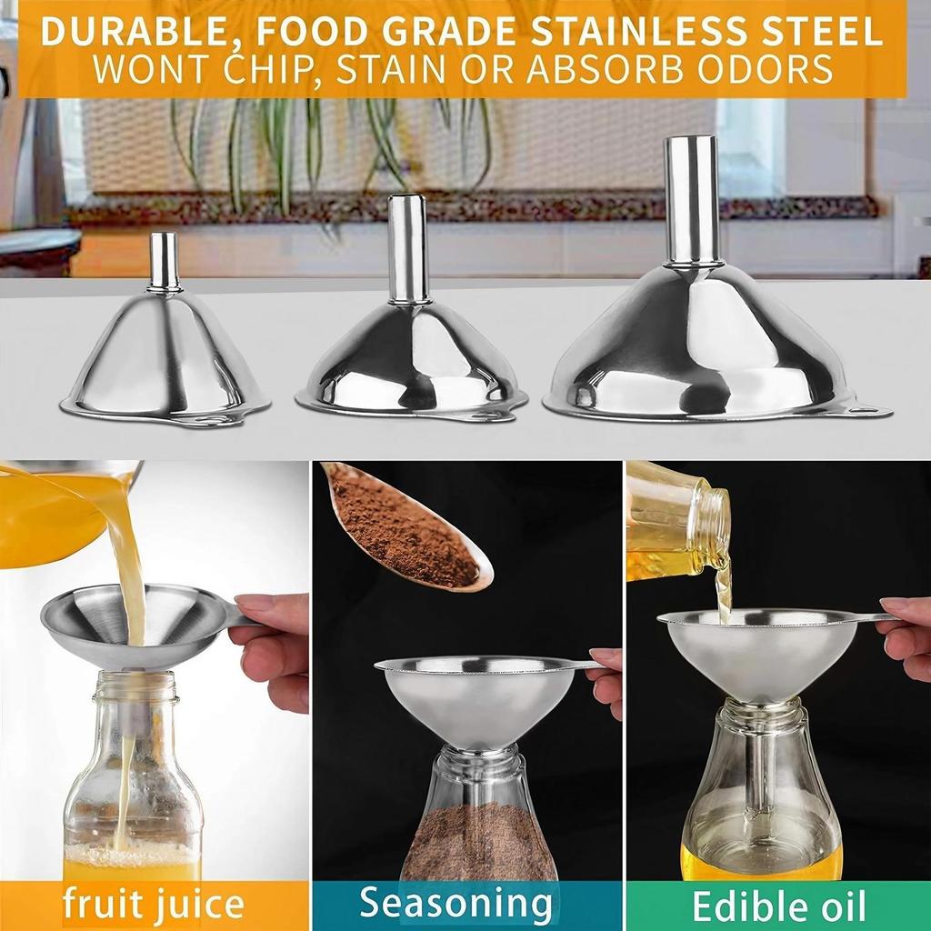 Stainless Steel 3Pcs Mini Funnel Set Liquid Dispensing Oil Wine Kitchen Tool Integrated Distributor