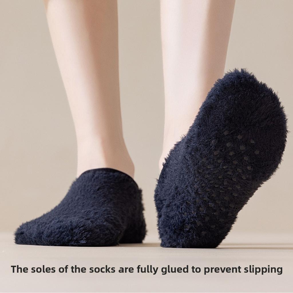 5-1 Pairs Winter Thick Coral Fleece Floor Socks, Men's and Women's Home Anti Slip Socks, Solid Color Boat Socks, Autumn and Winter Sleep Socks