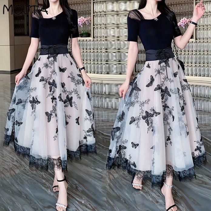 Sommar Kvinnor Hög midja Mellanlängd Elegant Net Gaze Kjol Flerlager Spets Kontrastfärger A-linje kjol Dam