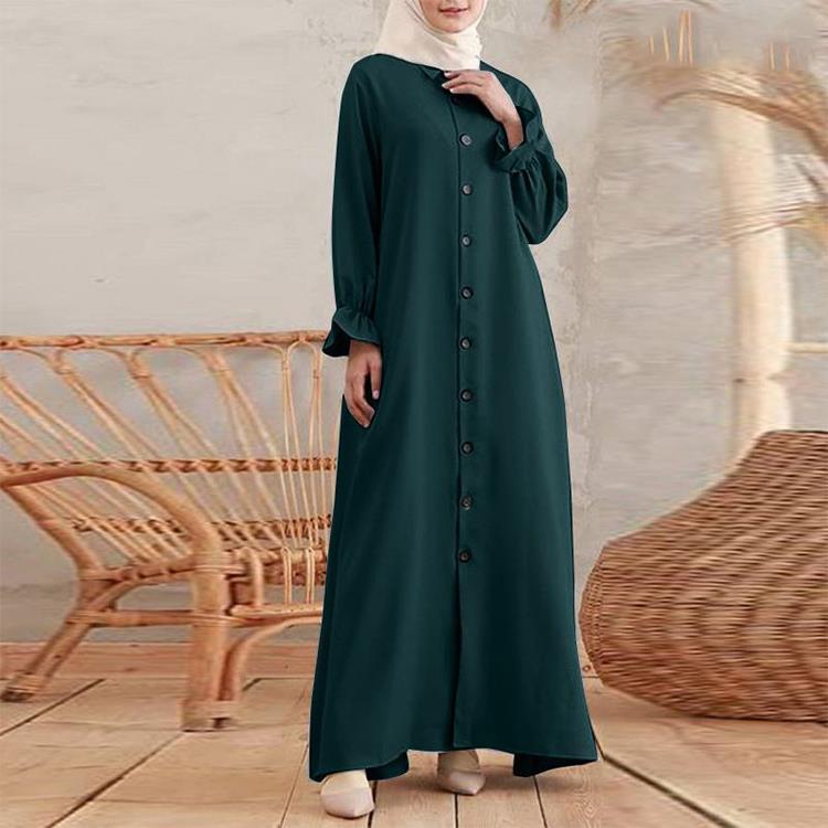 Kadın Sonbahar Müslüman Baggy Uzun Elbise Abaya Kaftan Tam Kollu Katı Büyük Boy Maxi Sundress