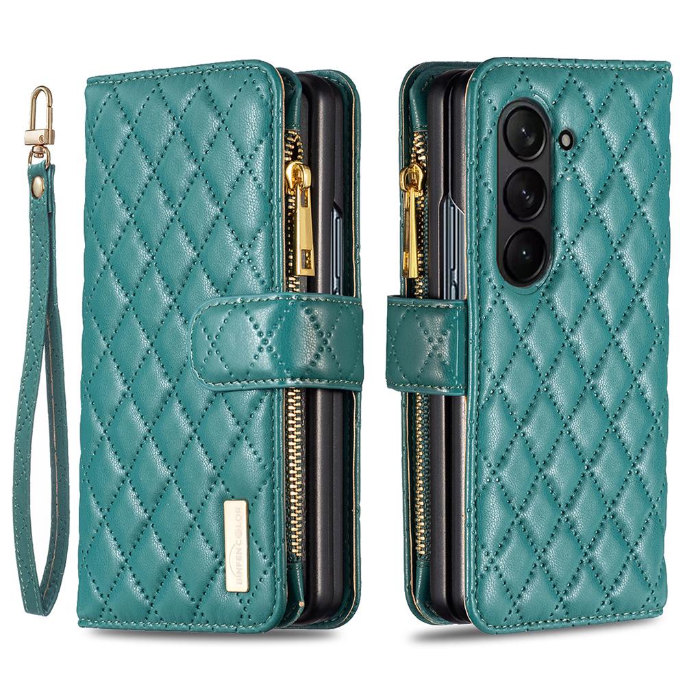 

BINFEN COLOR For Samsung Galaxy Z Fold5 5G Zipper Pocket Wallet Leather Case Stand Phone Cover Green