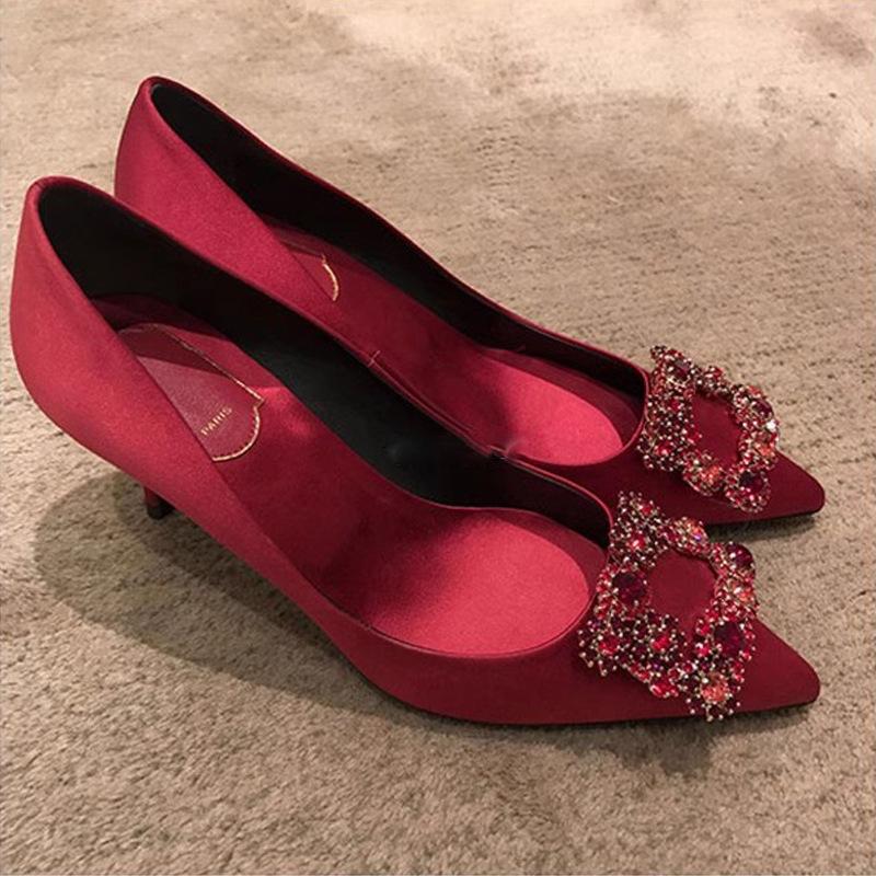 Rv Rhinestone Pointed Black High Heels 2025 New Satin Stiletto Wedding Shoes Show Wood Wedding Shoes Square Buckle Single Shoes
