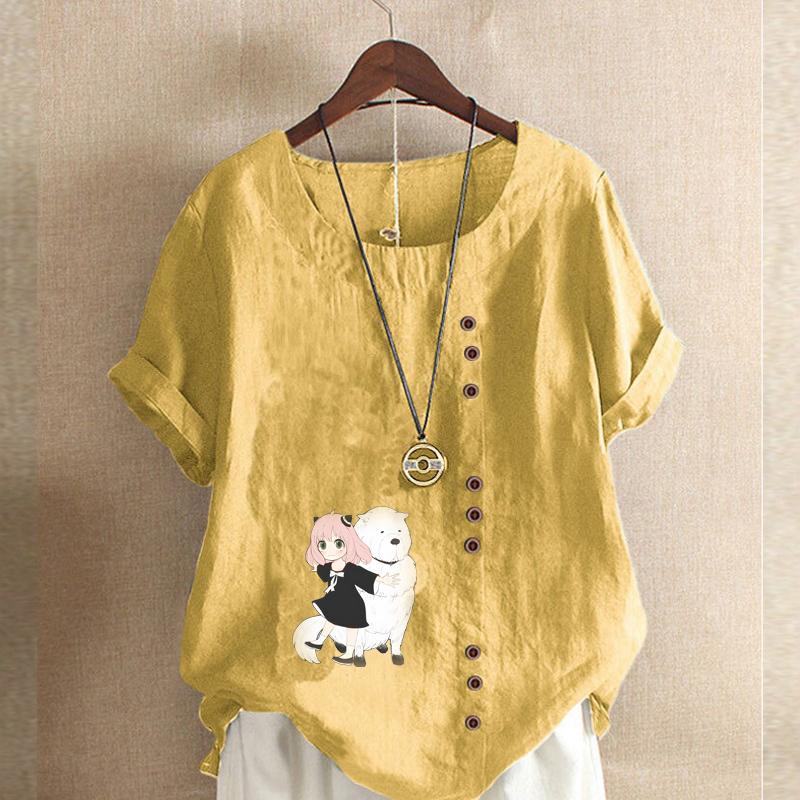 Damenmode Cartoon-Figuren Bedrucktes Kurzarm-T-Shirt Lockeres Baumwollhemd Lässige Lockere Sommerbluse Tops Übergröße