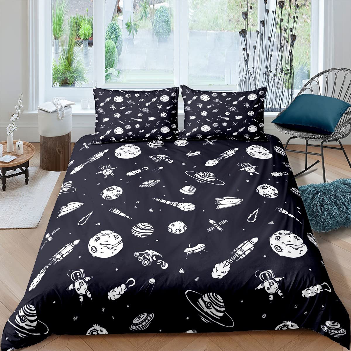

Rocket Duvet Cover Set King Size Spaceship Bedding Set Twin Microfiber Outer Space Galaxy Stars Planet Cartoon Style Quilt Cover EU single(135x200cm)