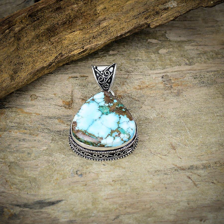 Tibetan Turquoise Gemstone 925 Sterling Silver Jewelry Pendant 1.89" M-34