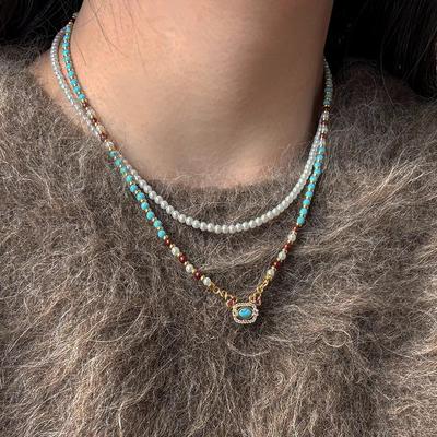 Natural Turquoise Pearl Beaded Necklace Women's Light Luxury Niche Design Collarbone Chain New Chinese Retro