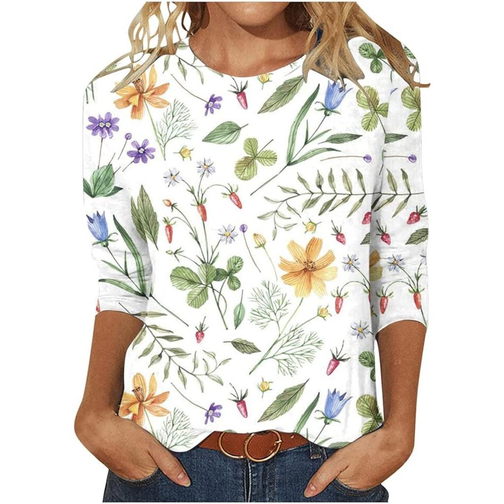 Vår och Höst Rundhals Blommönster 3D Kreativ Personlig Färgglad Tryckt Topp Trendig Casual Långärmad Dam T-shirts