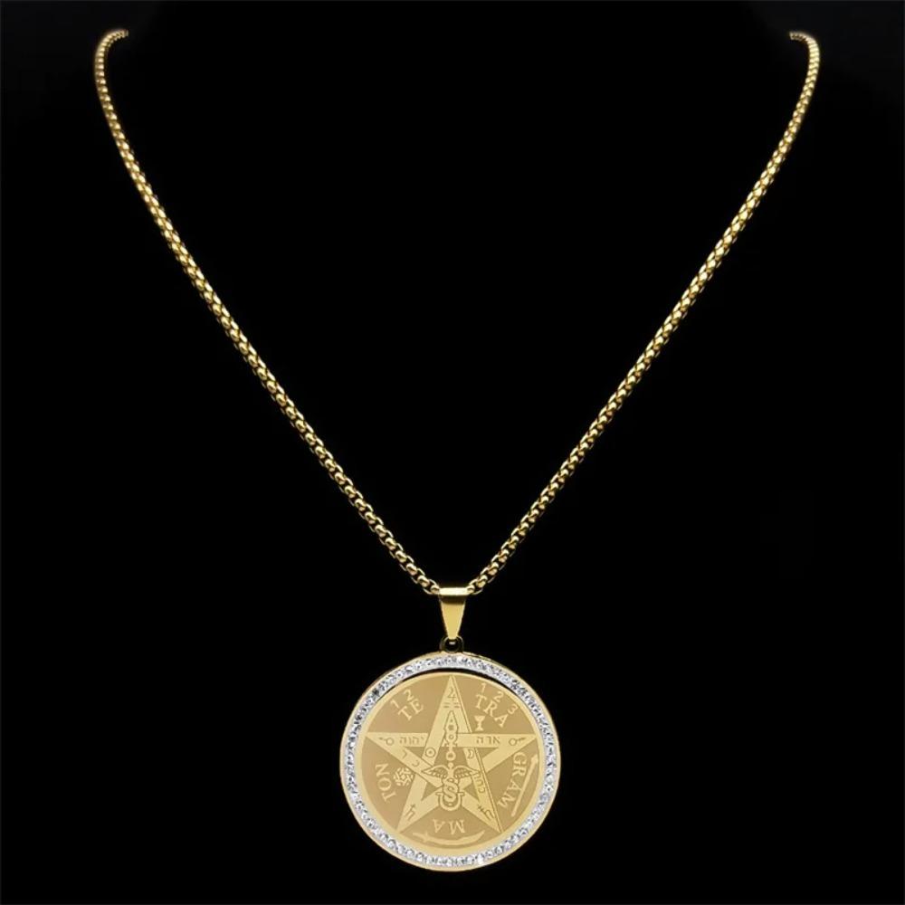 1PCS Unisex Four-Character Divine Name Pentagram Amulet Necklace: Stainless Steel Pentagram Amulet Pendant