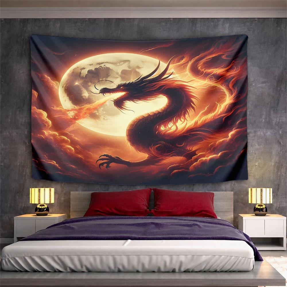 Fiery Dragon with Full Moon Pattern Wall Hanging Tapestry Decorative Tapestry Home Decor for Bedroom and Living Room