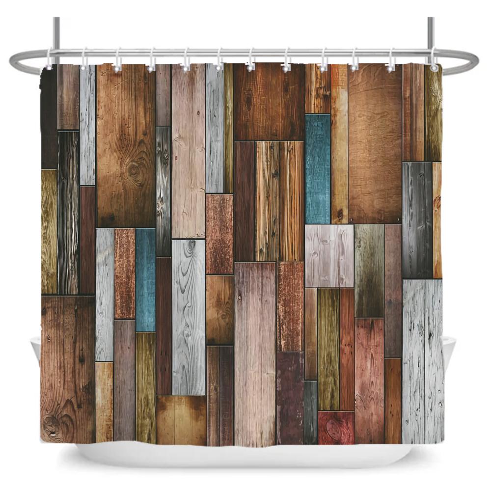 Rustic Shower Curtain, Vintage Vertical Wood Planks Distressed Rustic Hardwood Design,Fabric Bathroom Curtain Decor with Hooks