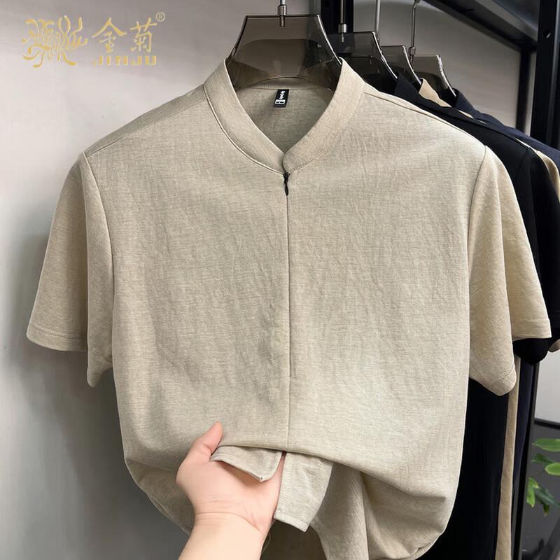Men s Chinese Style Stand Collar Cotton-Linen Short Sleeve Shirt L