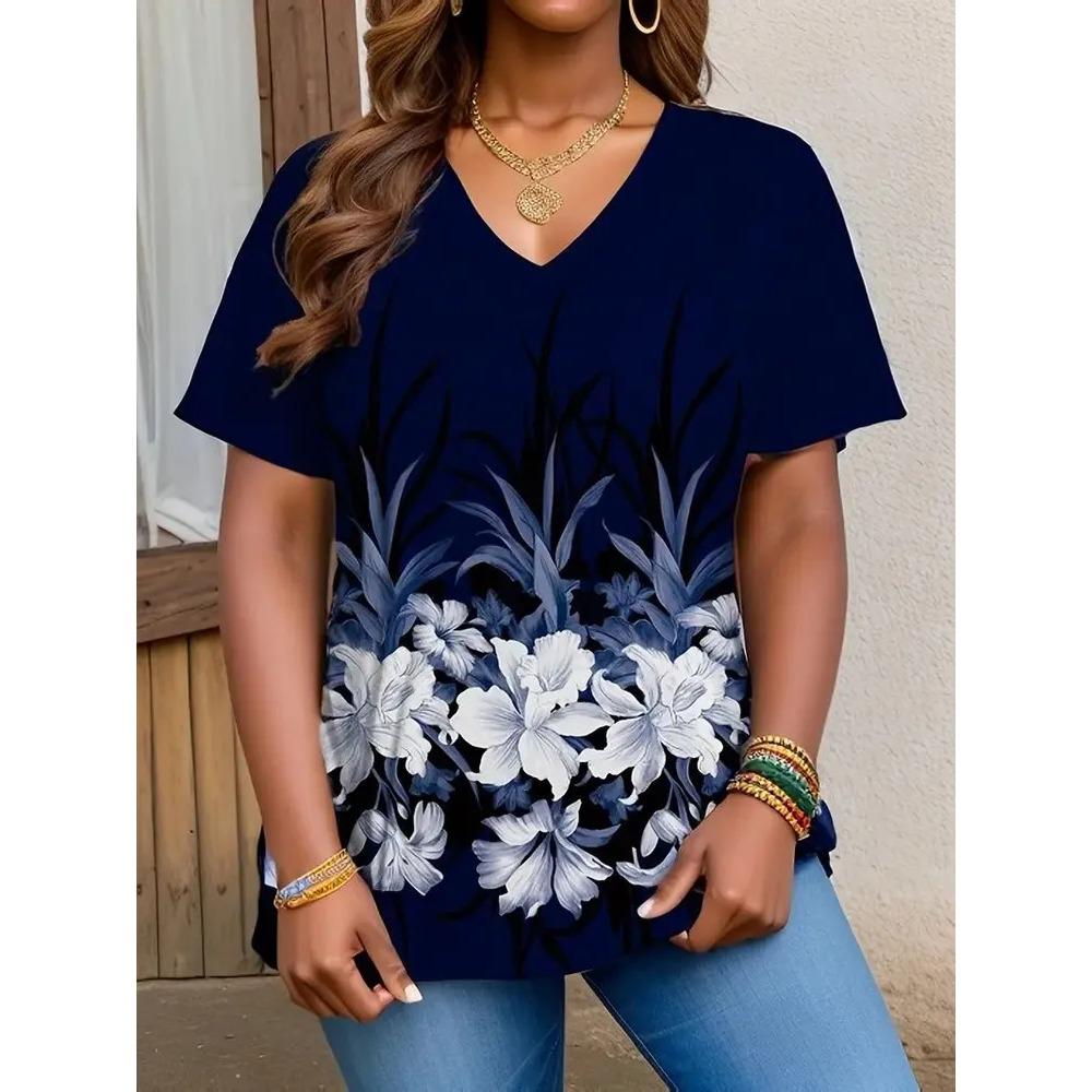 Summer V-neck Flower Pattern 3D Printed Top Fashionable Casual Short Sleeved Plus Size Women's T-shirts