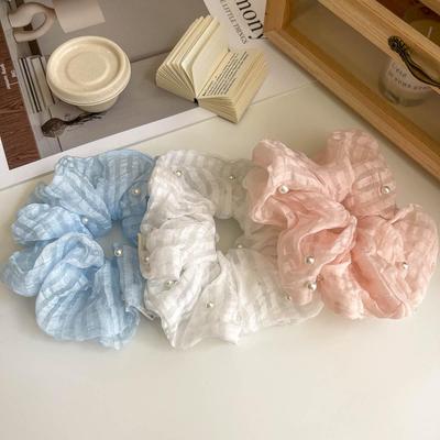 High-End Summer Pearl Striped Mesh Scrunchie Hair Ties