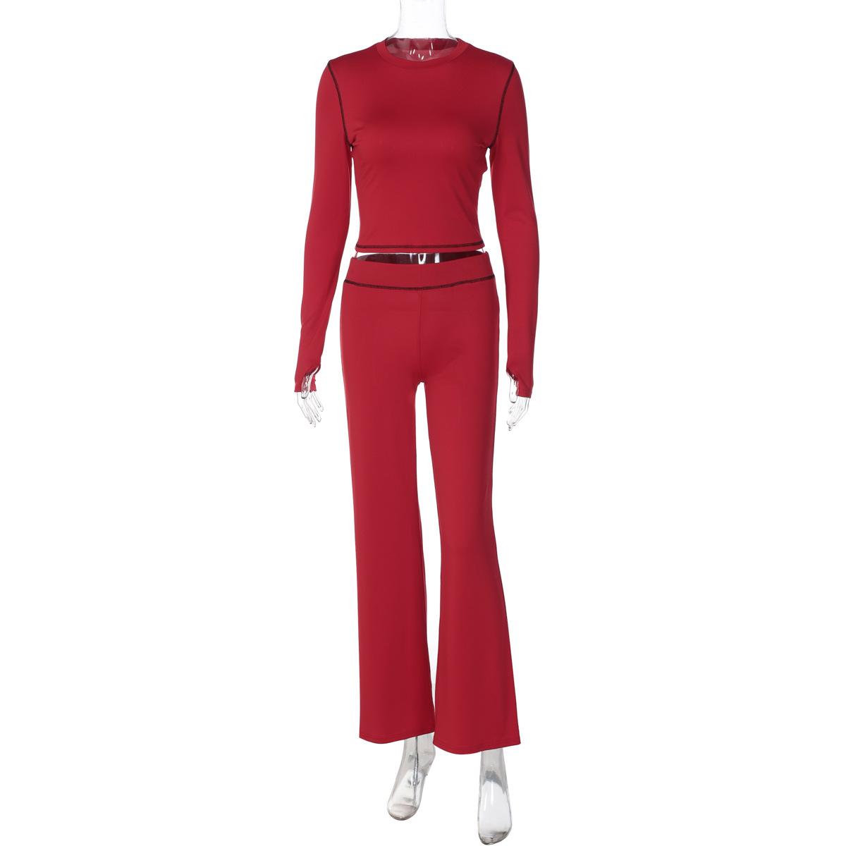 Women European Style Solid Color Long Sleeve Crew Neck Slim Fit Long Pants Two Piece Outfit S