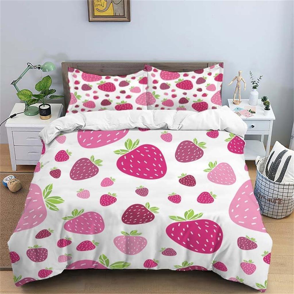 Girls Strawberry Bedding Set 2pcs, Soft Comfy Microfiber Fruit Geometry Reversible Duvet Cover with 1/2 Pillow Cases 75*50CM