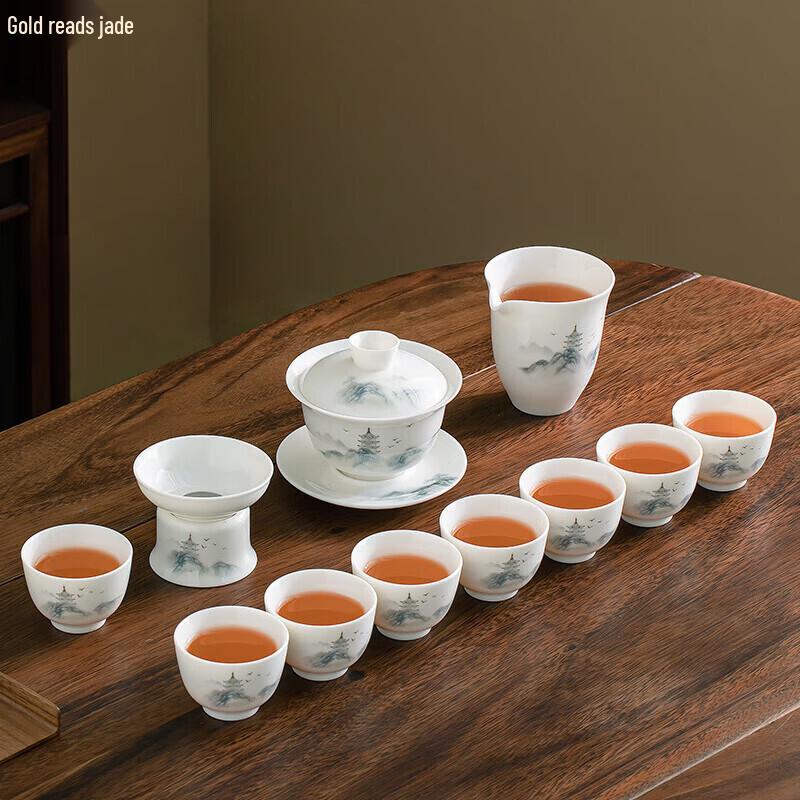 Gold Inlaid Suet Jade Ceramic Kung Fu Tea Set