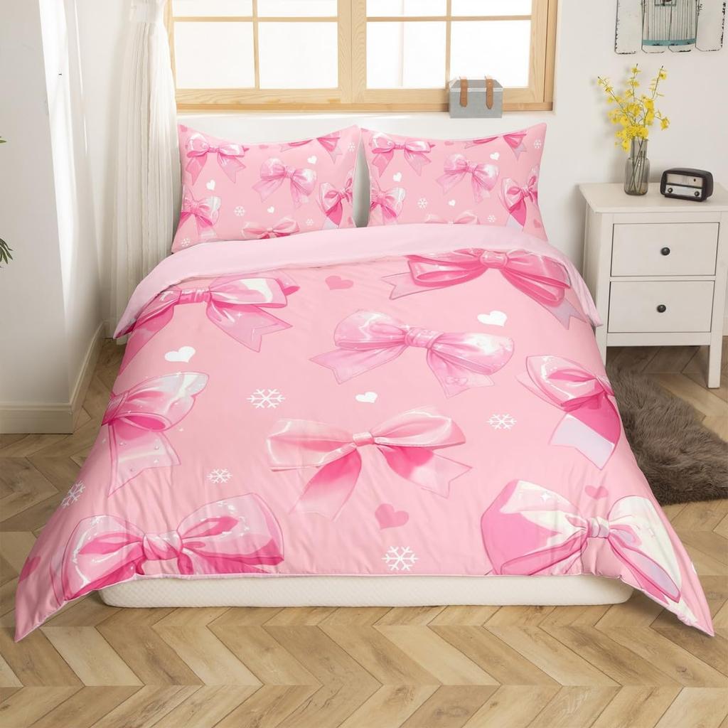 Dreamy Pink Bow Duvet Cover Queen King Size Princess Style Cute Bow Print Suitable For Kids Girls Teens Bedroom Decoration 3 Pcs