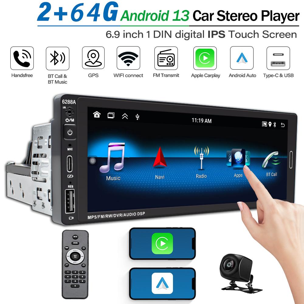 6.9inch 1Din Digital IPS Touch Screen Android 13 Car Stereo Video Auto Radio Multimedia Player GPS Navigation WiFi Bluetooth