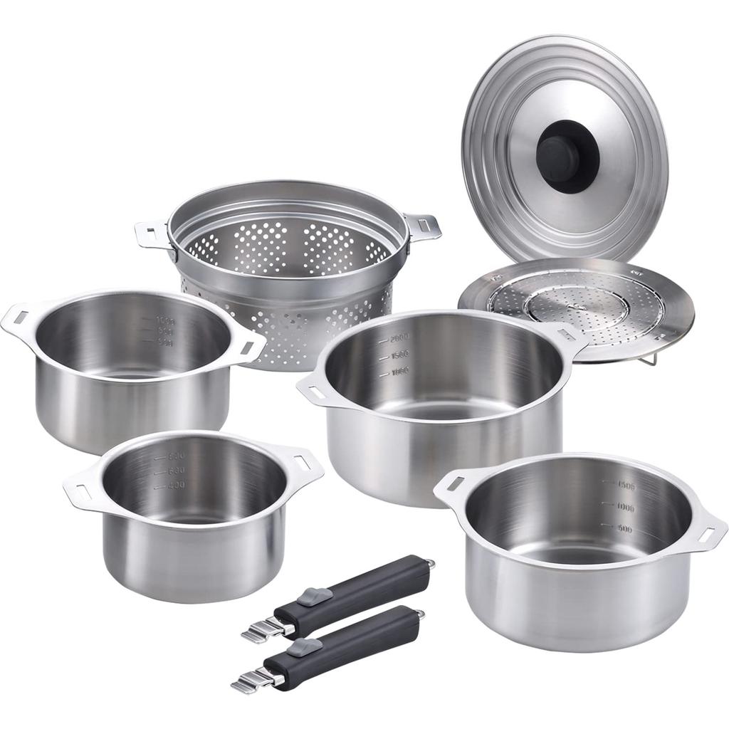 Wahei Freiz Japanese-made Tsubame-Sanjo 4-piece Pot Set with Detachable Handles, Steamer, Colander, Stainless Steel, IH Compatible, EM-033