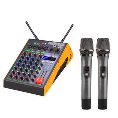 Profesionálny 4-kanálový BT audio mixpult s 2 bezdrôtovými mikrofónmi LED digitálny mixážny pult