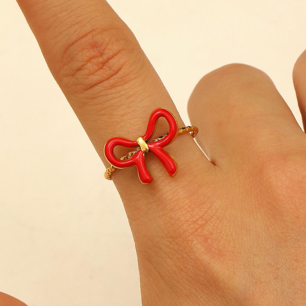 High Quality Fashion Popular Dopamine Drip Bow Ring Niche Design Popular Stainless Steel Ring Wholesale