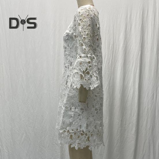 Rochie de toamnă, primăvară, pentru femei, cu dantelă, broderie cu flori, gât rotund, cu mâneci lungi, cu două straturi, culoare solidă, rochie midi etnică lejeră