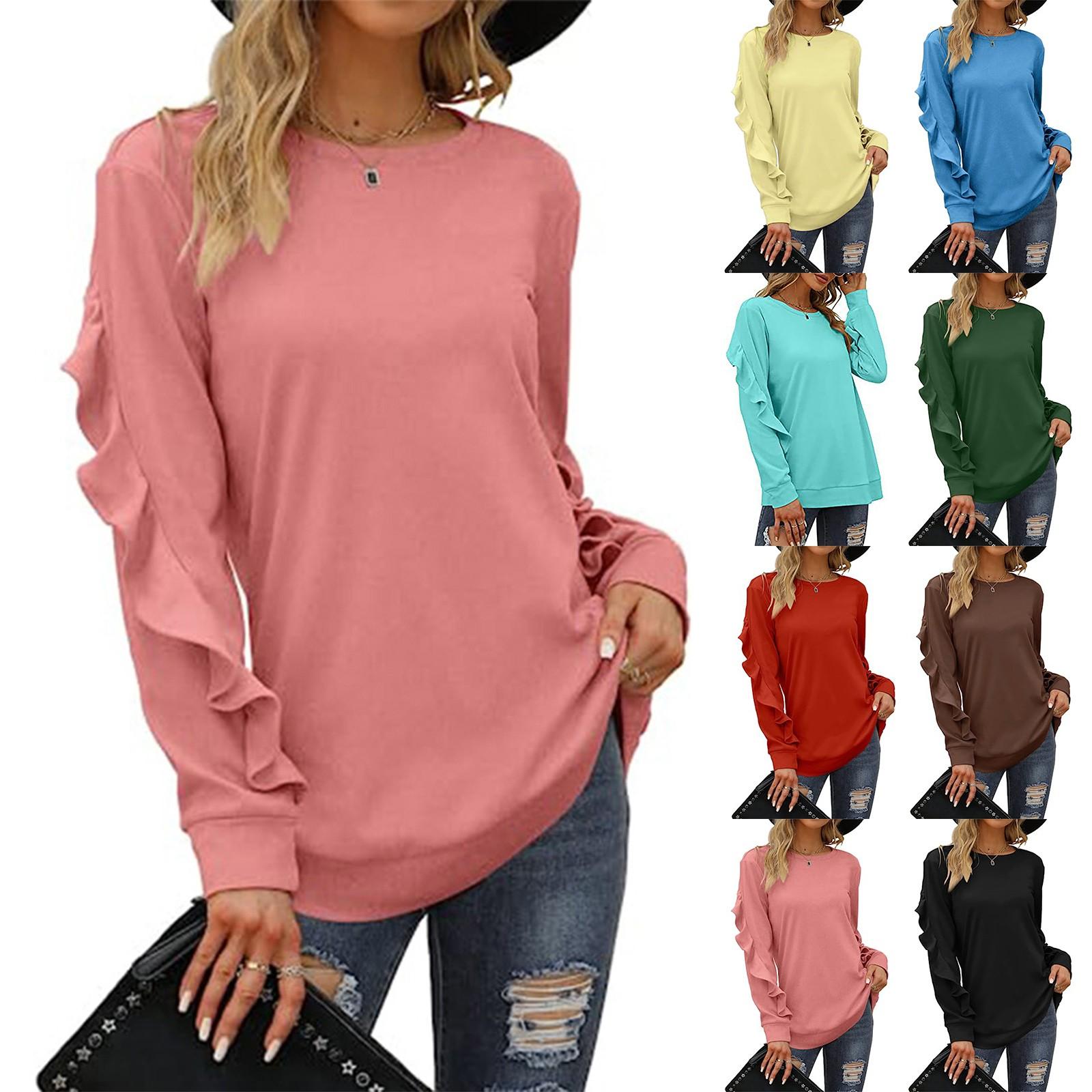 

Женский повседневный модный однотонный свободный топ с круглым вырезом и длинными рукавами