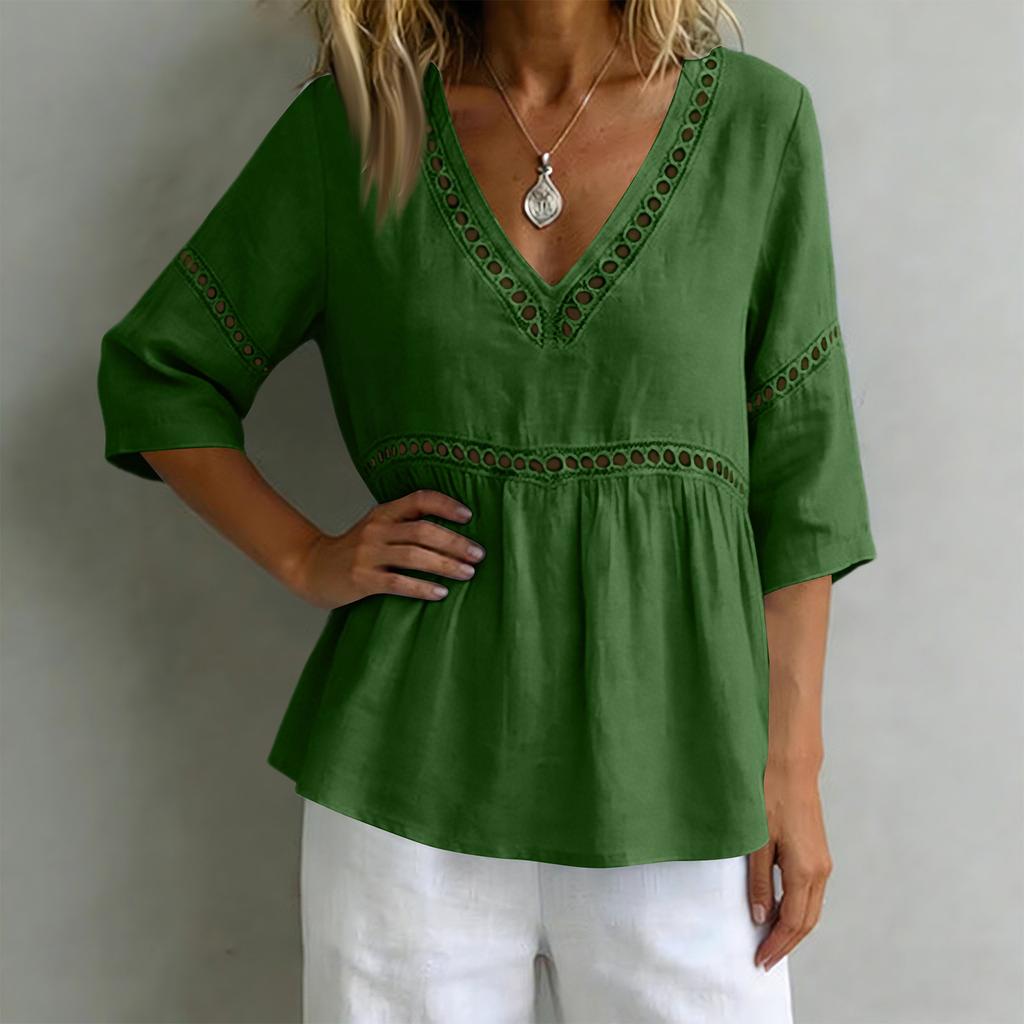 Ladies' Fashionable Casual V-neck Mid Sleeve Women's Top Shirt