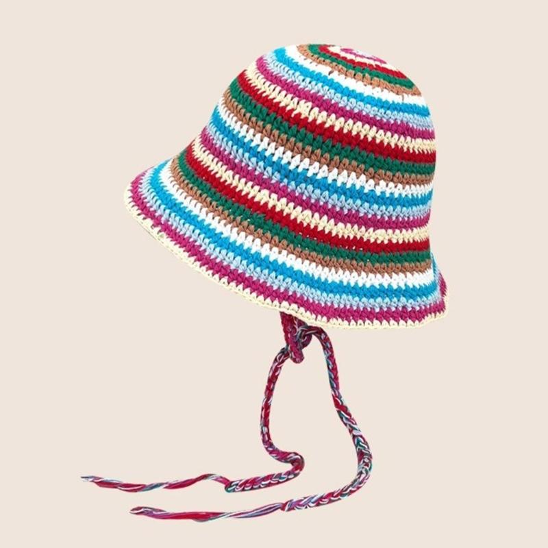 Summer Fisherman Hat for Woman Weaving Bucket Hat Crochet Stripe Pattern Cap