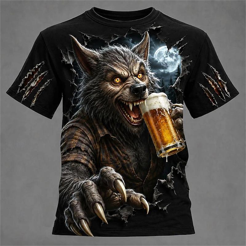 Men's Summer Halloween Cool and Spooky Werewolf Print Short-Sleeve T-Shirt Fashionable Trendy Streetwear Short-Sleeve T-Shirt