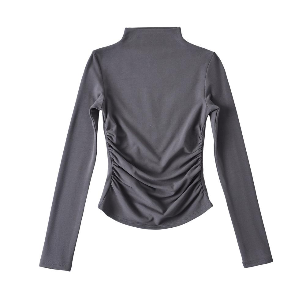 Autumn new women's European and American solid color velvet warm semi-turtleneck bottoming shirt pleated slim-fitting long-sleeved T-shirt
