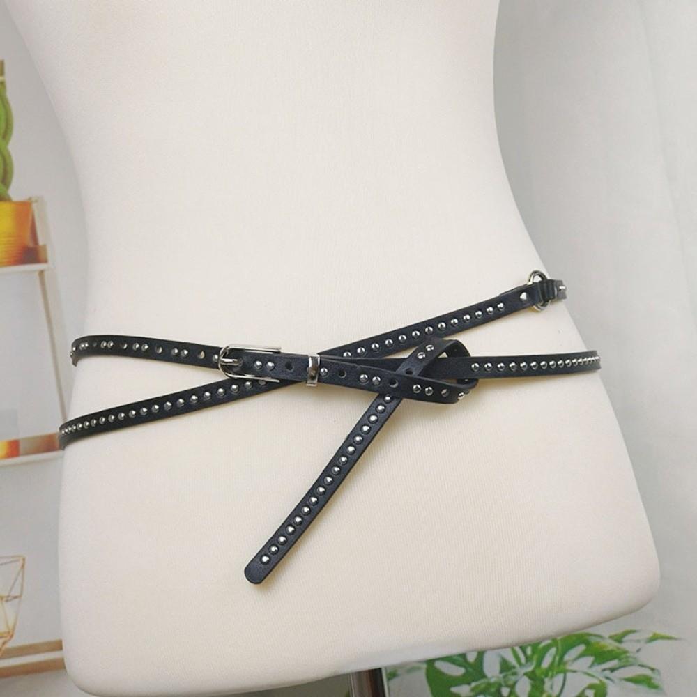

Leather Material Double Thin Belt Double Layer Rivet Belt Waist Strap Jeans Decoration чорний