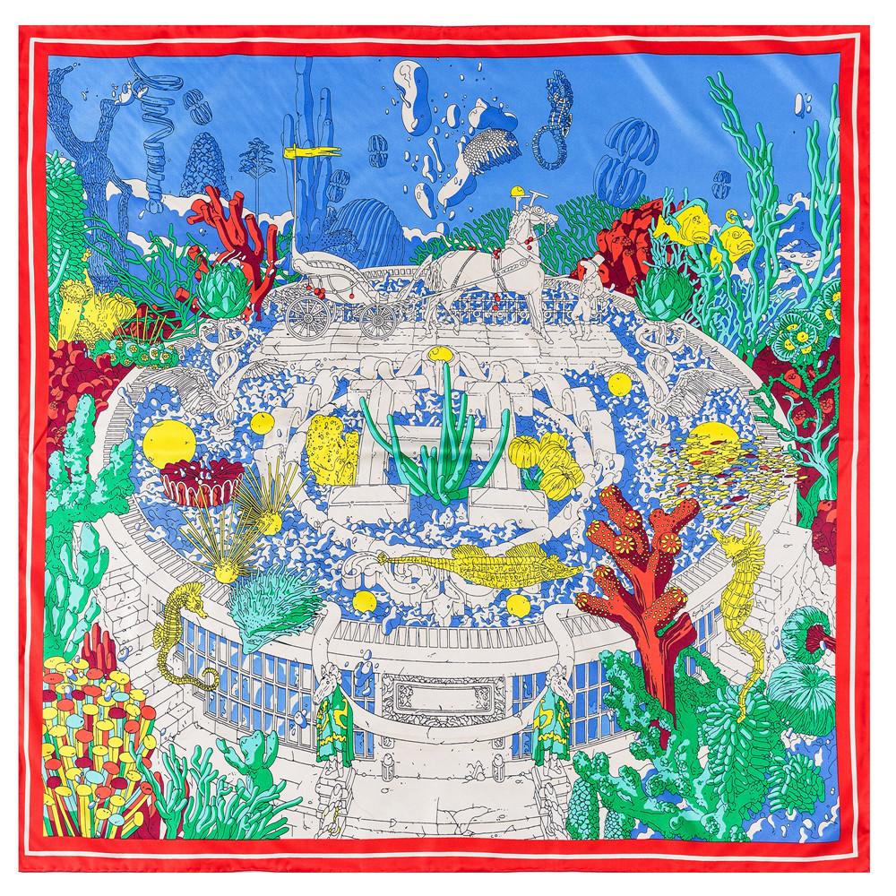 Manual Hand Rolled Twill Silk Scarf Women Ocean City Print Square Scarves Echarpes Curled Foulards Femme Wrap Bandana Hijab 90CM