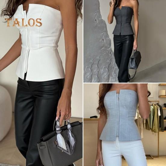 Dámské sexy tubusové topy Bandeau topy bez rukávů Zapínání na zip Slim Fit Jednobarevné topy na párty Streetwear