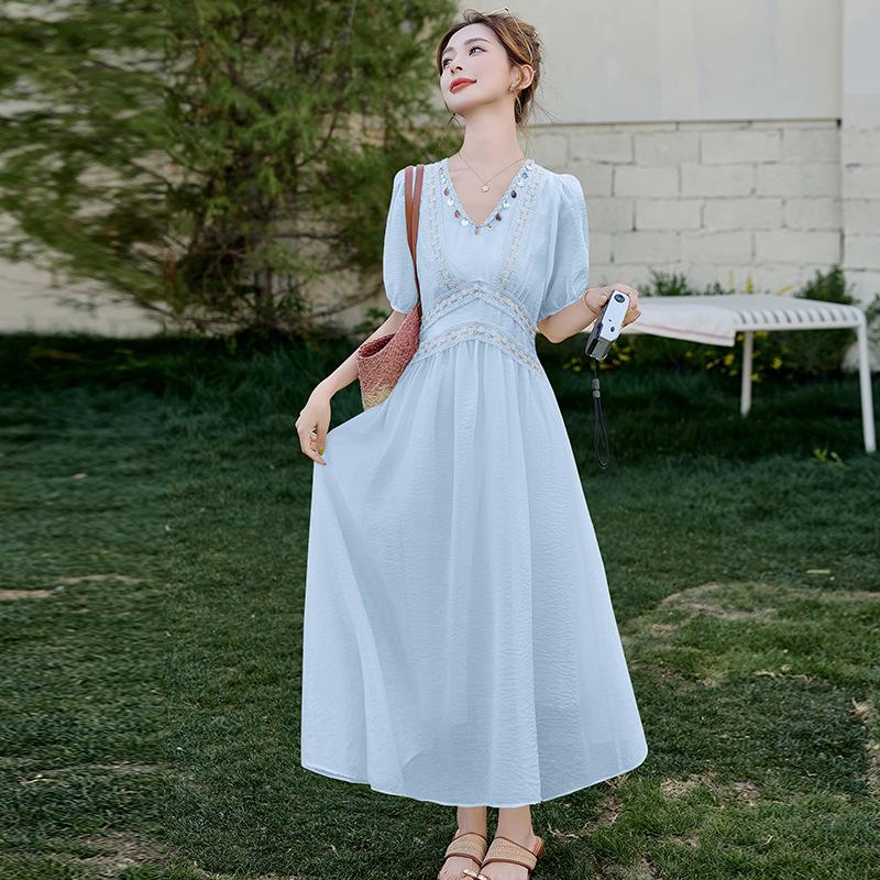 

новое темпераментное платье с V-образным вырезом, короткими рукавами и завышенной талией, кружевная отделка, нежное и тонкое, элегантное А-силуэтное платье для женщин XL синий