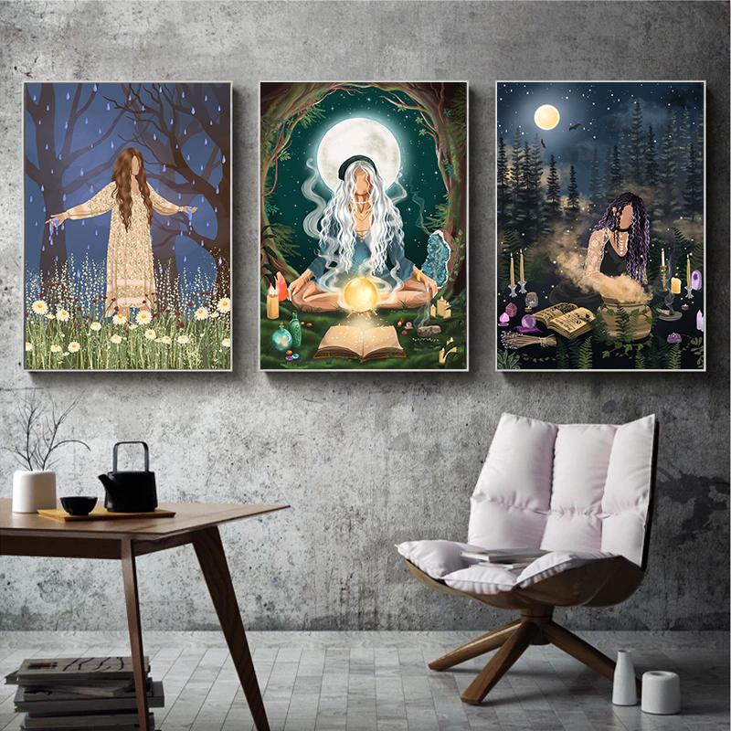 Bohemian Style Moon Jungle Fairy Female Art Dance Yoga Spirit Illustration Poster Canvas Paintings Wall Art Pictures Home Decor