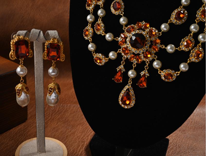 Vintage Baroque Rhinestone Earrings & Pearl Water Drop Necklace Set