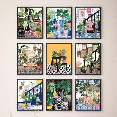 Greek Tile Botanical House Plants Art Nordic Poster Home Decor Boho Green Leaves Decor Picture Modern Wall Art Canvas Painting