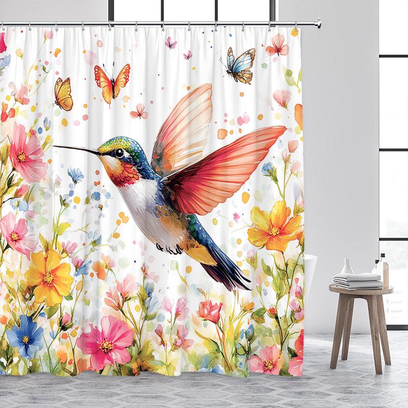 Hummingbird Shower Curtain Watercolour Floral Purple Lavender Butterfly Plant Polyester Fabric Bathroom Curtain Decor With Hooks