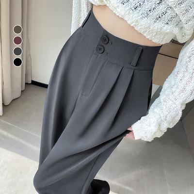 Stylish and Lazy Double-button Design Wide-leg Suit Pants Straight High Versatile Waist Long Pants