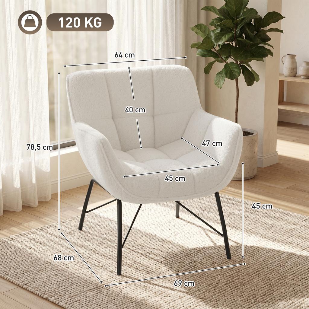 Modern Lounge Chair, Sherpa Fleece Chair with Curved Backrest, Integrated Armrests, Metal Legs, Cream White