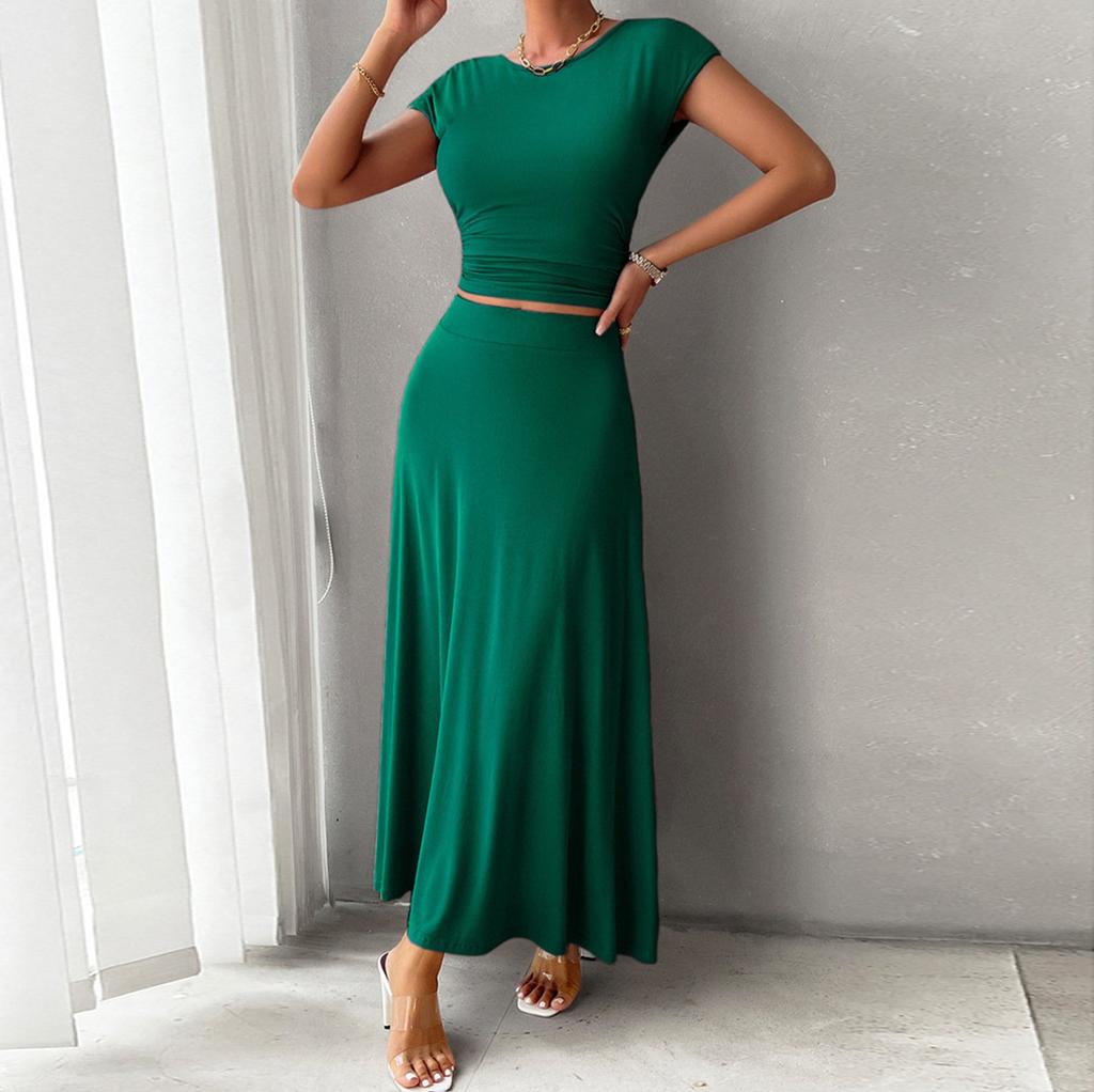 Women's Spring And Summer Short-sleeved Tops Temperament Slim Fit Solid Color Short-sleeved Half-length Dress Set