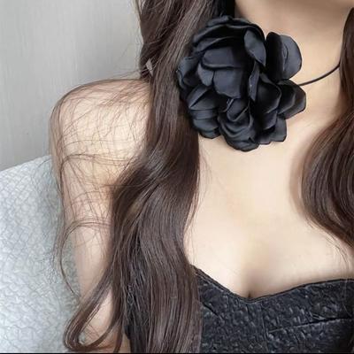 Long Rope Rose Flower Choker Adjustable with Large Flower Romantic Necklace French Style Neck Accessories Rose Choker Necklace