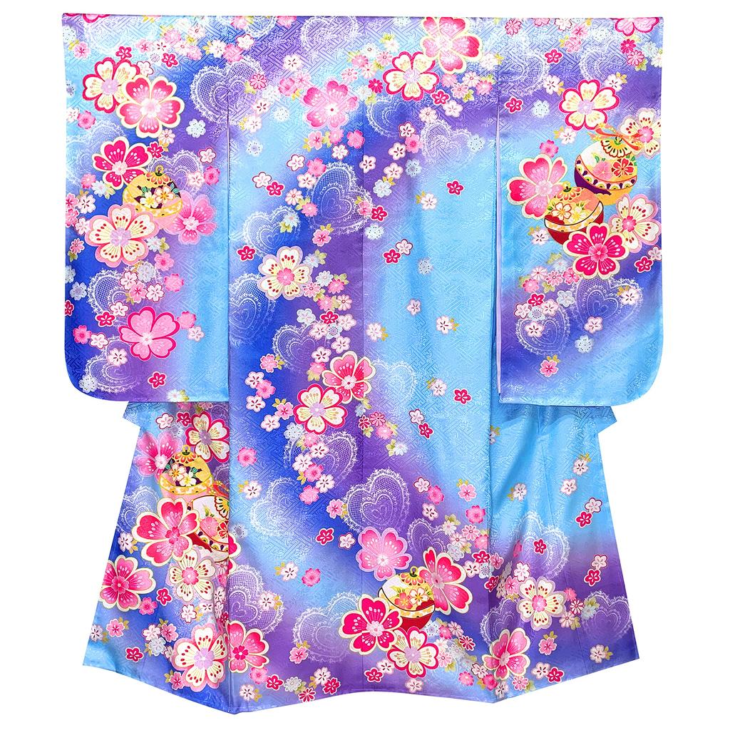 Muromachi Kimono 7 Years Old Full Set for Girls Kimono with Picture Pattern Knot Obi Set Bells and Cherry [Kyoto st. ] Shichi-Go-San Children's