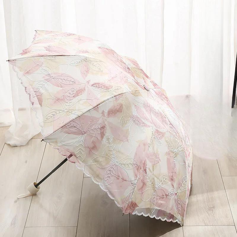 Fashion Double-layer Lace Floral Embroidery Folding Umbrella Summer Outdoor Mini Sunscreen UV Protection Foldable Sunny Umbrella