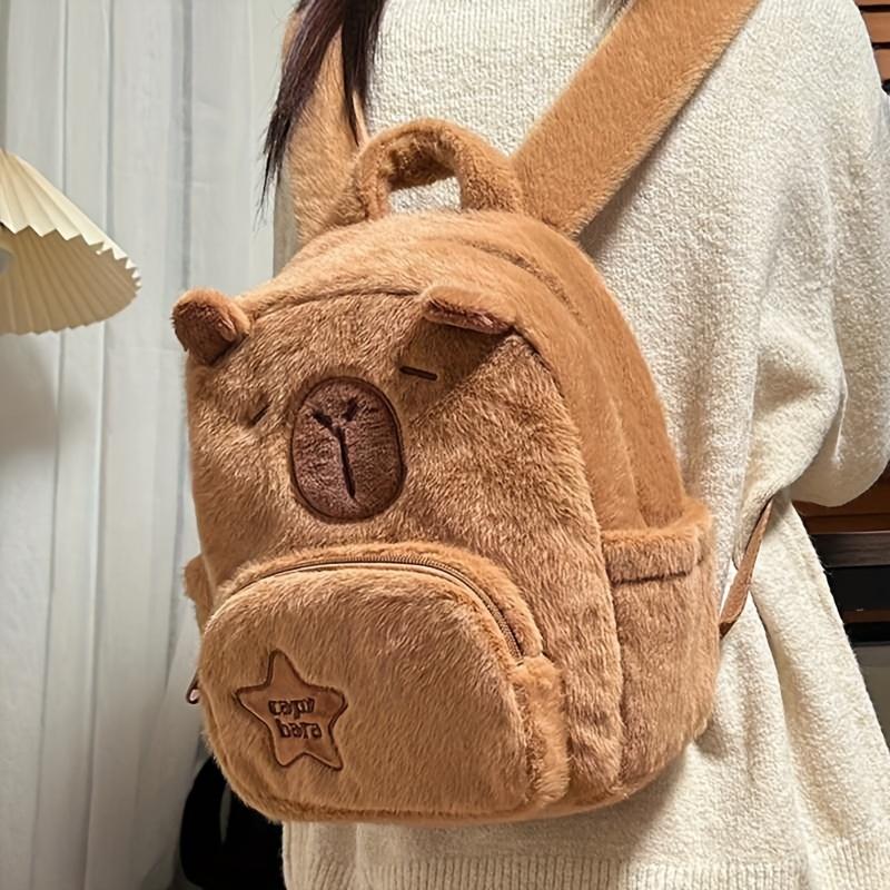 1 Stück Capybara-Plüsch-Rucksack, süße Kunstfelltasche mit Cartoon-Tiermuster und festen Schultergurten, lässige Damentasche mit einfarbigem Reißverschluss